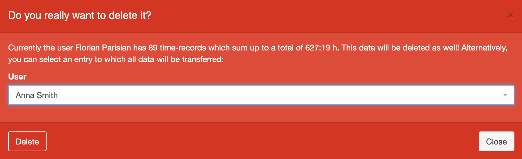 Reassign timesheets when deleting account